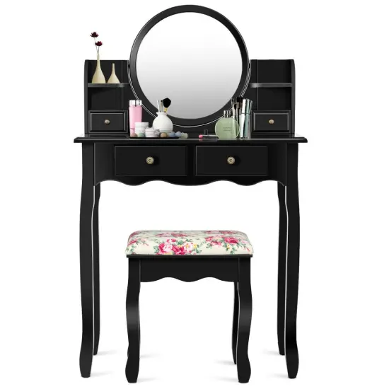 Makeup Vanity Table Set Girls Dressing Table with Drawers Oval Mirror Black {5}