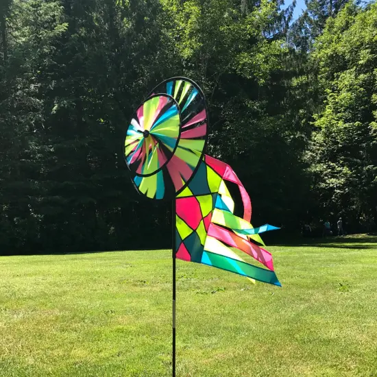 In the Breeze Neon Colorblock Spinner Wheels with Garden Flag and Tails - Ground Stake Included - Colorful Décor for your Yard and Garden {4}