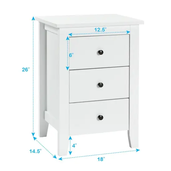 Modern Nightstand End Beside Table with 3 Storage Drawers and Open Platform White {5}