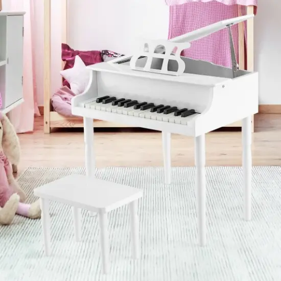 30-Key Wood Toy Kids Grand Piano with Bench and Music Rack White {2}