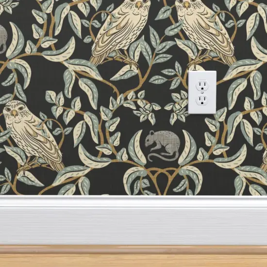 Peel & Stick Wallpaper 2FT Wide Little Owl Damask William Morris Farmhouse Arts And Crafts Birds Of Prey Soft Green Transitional Climbing Vines Custom Removable Wallpaper by Spoonflower {4}