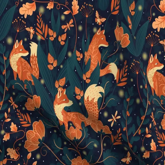 Various Fabrics by the Yard or Fat Quarter Whimsical Garden Orange Foxes Midnight Blue Firefly Fantasy Custom Printed Fabric by Spoonflower {5}