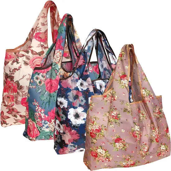 Wrapables Large Foldable Tote Nylon Reusable Grocery Bags, 4 Pack Lovely Floral {1}