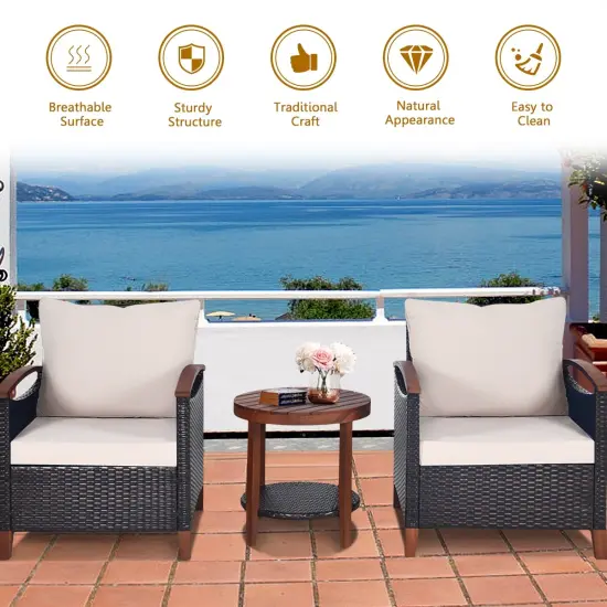 3 pcs Solid Wood Frame Patio Rattan Furniture Set Beige {2}