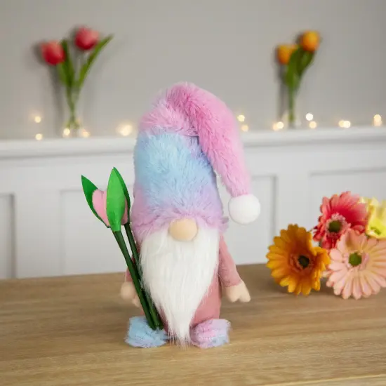 Northlight Gnome Boy with Tulips Spring Figurine - 15" - Purple and Blue Pink {3}