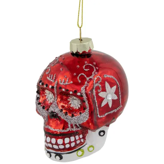 Northlight Day of the Dead Skull Head Glitter Glass Christmas Ornament - 3.5" - Red {4}