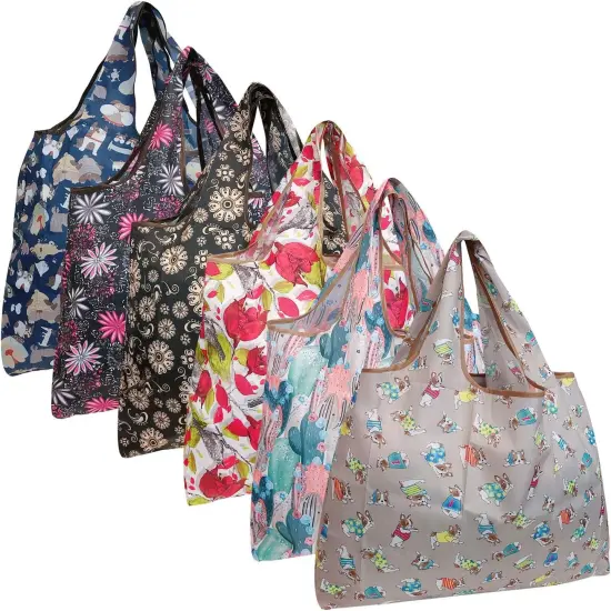 Wrapables Large Foldable Tote Nylon Reusable Grocery Bags, 6 Pack Dogs & Plants {1}