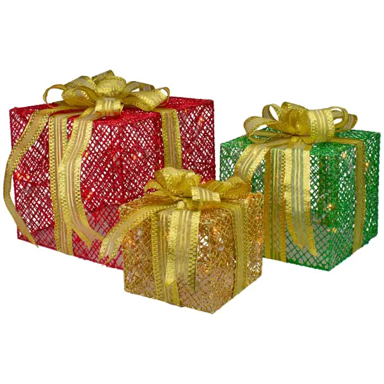 Northlight Set of 3 LED Lighted Red, Green and Gold Glitter Gift Boxes Outdoor Christmas Decoration {1}