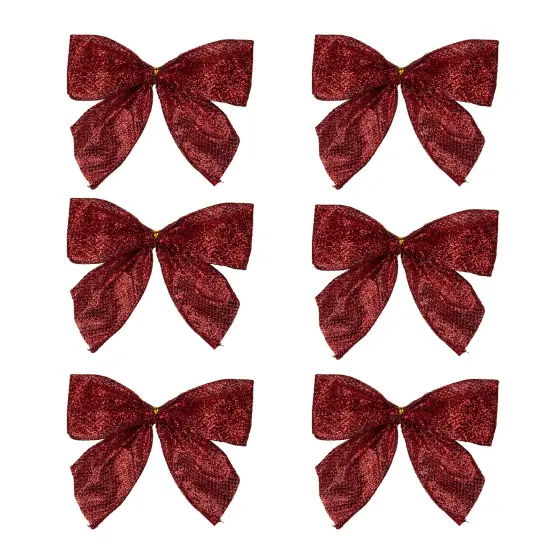 Northlight Glittered 2-Loop Christmas Bow Decorations - 5.5" - Red - Pack of 6 {1}