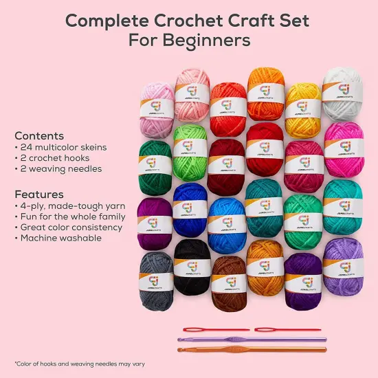 JumblCrafts 24 Yarn Crochet Kit for Beginners with 2 Crochet Hooks & 2 Weaving Needles {3}