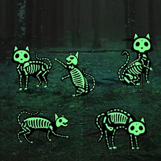 Outdoor Halloween Decorations Yard Signs - 5pcs Glow in the Dark Skeleton Black Cat Silhouette Lawn Signs with Stakes for Halloween Lawn Garden Front Yard Decorations Outside {1}