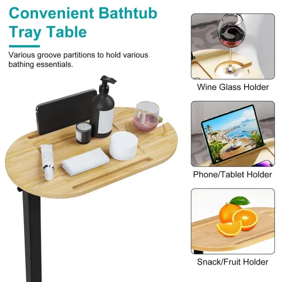 C-Shaped Bathtub Tray Table With Adjustable Height 360&deg; Rotatable Desktop Freestanding Bath Caddy Against Wall Couch Bed Sofa Side Table Wood {2}