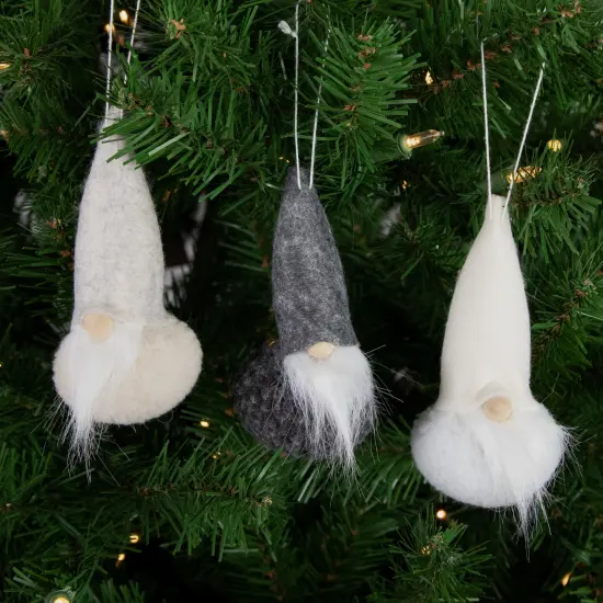 Northlight Set of 3 Gray and Cream Plush Gnomes Christmas Ornaments 4.75" {3}
