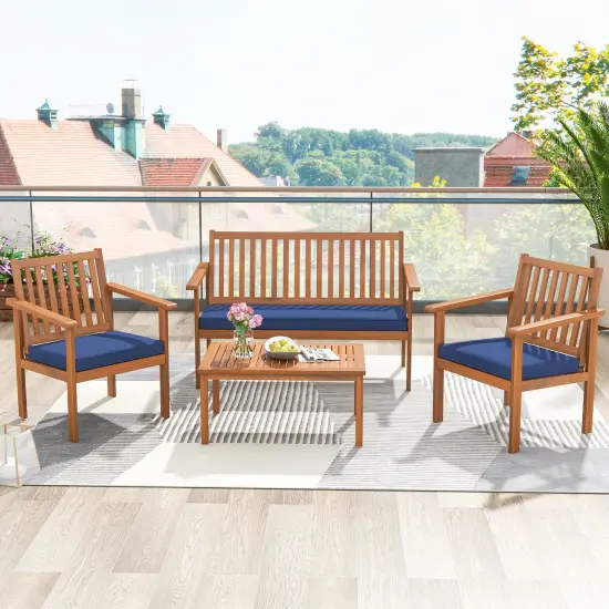 4 Piece Patio Wood Furniture Set Acacia Wood Sofa Set with Loveseat-Navy {2}