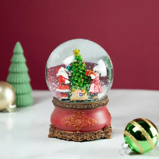 Northlight Santa and Mrs. Claus Decorating Christmas Tree Musical Snow Globe - 6" Red {3}