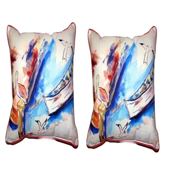 Pair Of Betsy Drake Rowboat & Birds Large Indoor/Outdoor Pillows 16 X 20 {1}