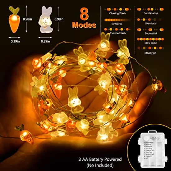 Easter Decorations 13FT 50LEDs Bunny Carrot String Lights Battery Operated, Easter Decor Spring Rabbit Fairy Lights with 8 Modes for Home Indoor Outdoor Easter Basket Eggs Party Seasonal Bedroom Decor {5}