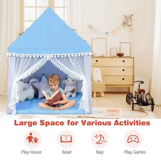 Kids Play Tent Large Playhouse Children Play Castle Fairy Tent Gift with Mat Blue {3}
