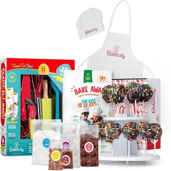 Baketivity 4 in 1 Kids Baking Set Mega Kit - Cake Pop Kit with Stand - Kids Apron and Chef Hat Set - Bake Away Kids Cookbook - Kids Cooking Sets Real Utensils - Kids Baking Kit Gifts for Girls & Boys {1}