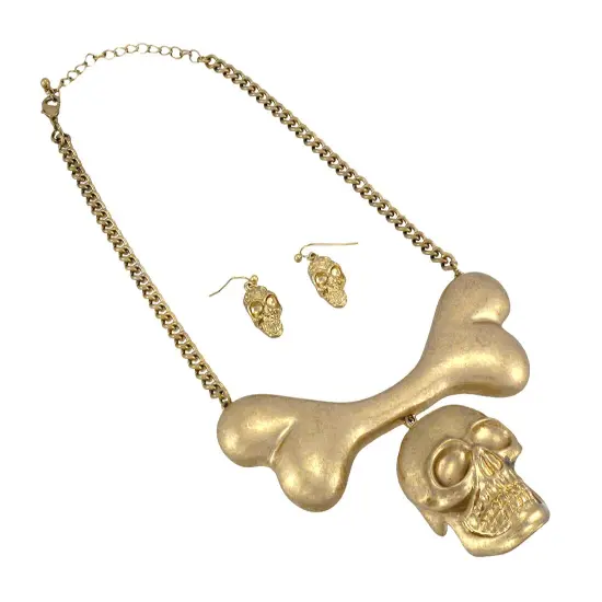 Burnished Goldtone Skull And Bones Bib Necklace - Matching Earrings {4}