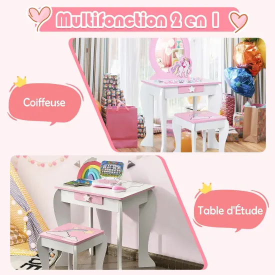Kids Wooden Makeup Dressing Table and Chair Set with Mirror and Drawer White {3}