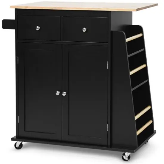 Rubber Wood Countertop Rolling Kitchen Island Cart Black {3}