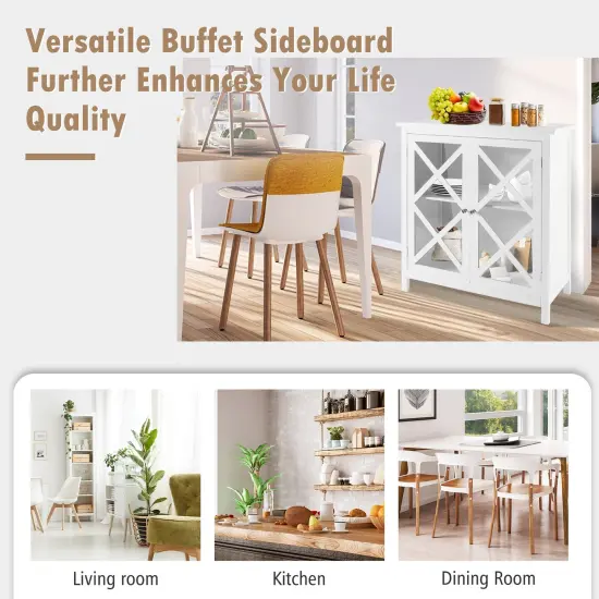Freestanding Kitchen Buffet Cabinet with Glass Doors and Adjustable Shelf White {6}