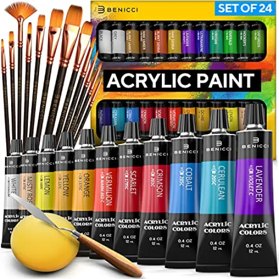 Complete Acrylic Paint Set &ndash; 24х Rich Pigment Colors &ndash; 12x Art Brushes with Bonus Paint Art Knife & Sponge &ndash; for Painting Canvas, Clay, Ceramic & Crafts, Non-Toxic & Quick Dry &ndash; for Kids & Adults {2}