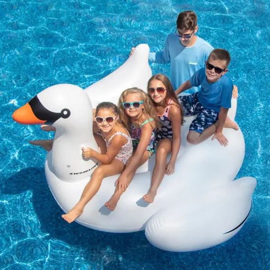 Swim Central 75" Inflatable White and Black Giant Swan Swimming Pool Ride-On Float Toy {5}