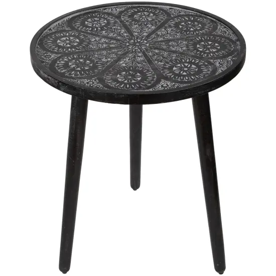 Northlight 18" Charcoal Black and Gray Floral Engraved Wooden Side Table {1}