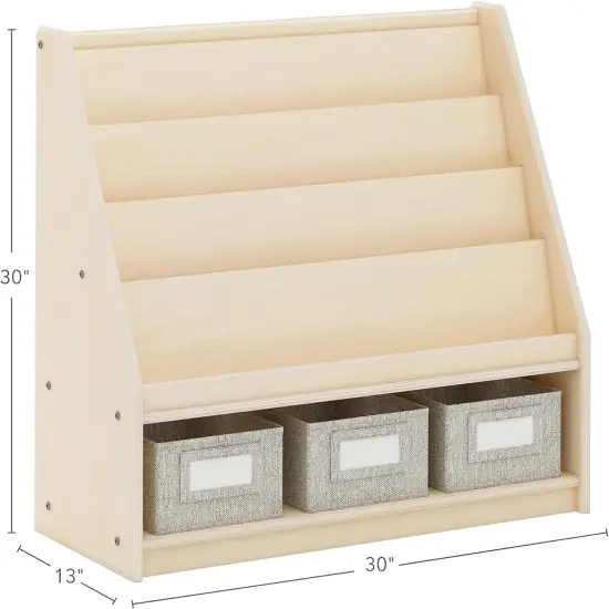 Edq Book and Bin Display Natural with 3 Fabric Storage Bins: Wooden Multi-Purpose Bookcases and Toy Storage Organizer; Homeschool and Classroom Furniture {5}