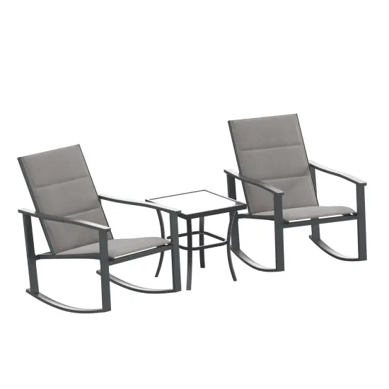 Merrick Lane Brevyn 3 Piece Outdoor Bistro Set with Flex Comfort Rocking Chairs and Steel Framed Glass Top Table Gray {1}