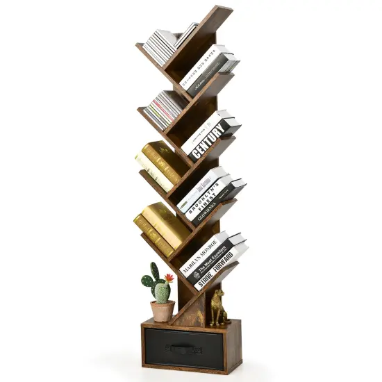 Costway 10-tier Tree Bookshelf with Drawer Free-standing Bookcase Storage Shelf White\Brown {7}