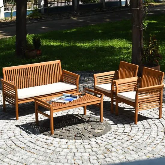 Costway 4 PCS Outdoor Acacia Wood Sofa Furniture Set Cushioned Chair Coffee Table Garden {5}