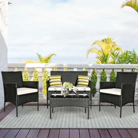 4 Pcs Patio Rattan Cushioned Sofa Furniture Set with Tempered Glass Coffee Table White {2}