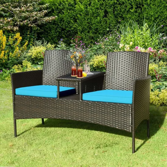Modern Patio Conversation Set with Built-in Coffee Table and Cushions Turquoise {2}