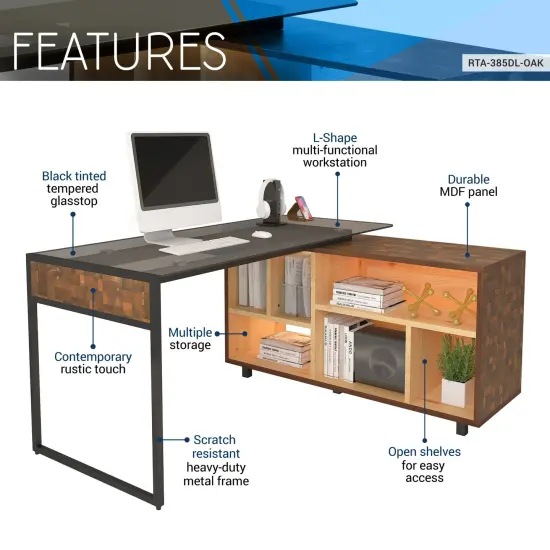 Techni Office Solutions L Shaped Computer Desk with Shelves - 56" - Brown {4}