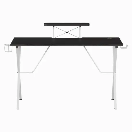 Emma and Oliver Gaming Desk with Cup Holder, Headphone Hook, and Monitor Stand Black/White {3}
