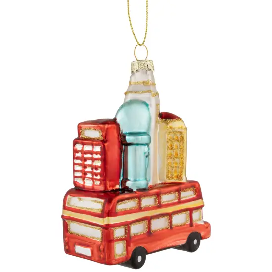 Northlight Merry Christmas Double Decker Tour Bus Glass Ornament - 4.5" - Gold and Red {5}