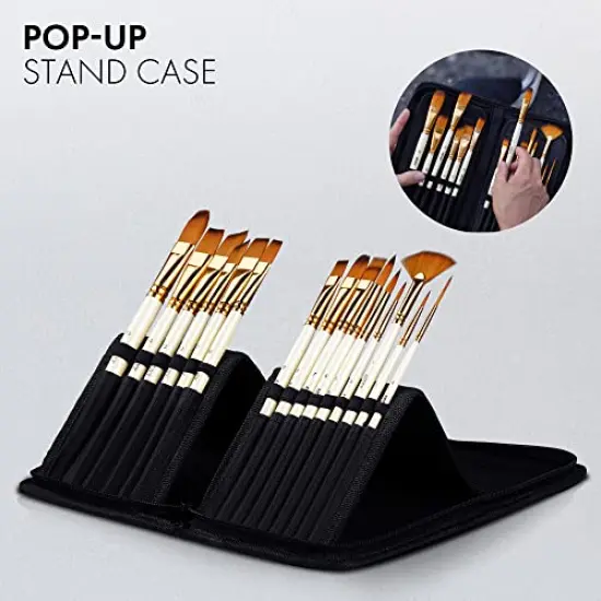15 Pieces Paint Brush Set, Intermediate Series, Includes Pop-Up Carrying Case with Palette Knife and 2 Sponges, for Acrylic, Oil, Watercolor and Gouache Painting - Pearl White {5}