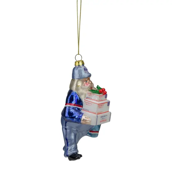 Northlight Busy Santa USPS "Priority Mail" Carrier Glass Christmas Ornament - 6" - Blue {4}