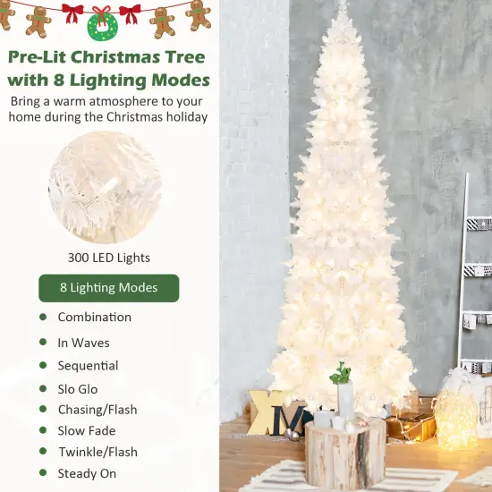 Costway 7FT Pre-Lit Hinged Pencil Christmas Tree White w/ 300 LED Lights & 8 Flash Modes {6}