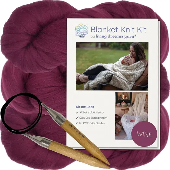DIY Merino Wool Blanket Knitting Kit: Soft and Thick #7 Weight Jumbo Yarn, Knitting Needles and Pattern. Soft, Cozy, Great for Gifts Wine {1}