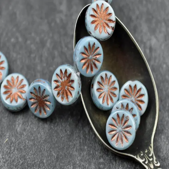 *15* 12mm Copper Washed Sky Blue Silk Aster Flower Coin Beads {2}