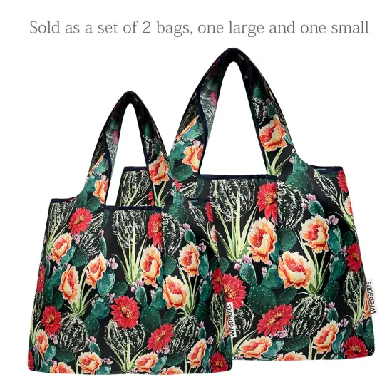Wrapables Large & Small Foldable Tote Nylon Reusable Grocery Bags, Set of 2, Floral Cactus {3}
