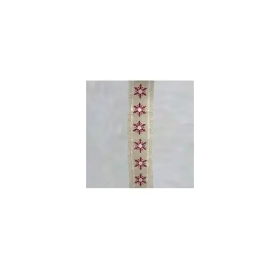 Kurt Adler Beige and Red Snowflake Embroidered Christmas Ribbon with Fringe Border 4" x 5 Yards {1}