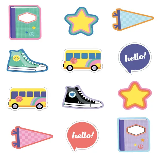Carson Dellosa We Stick Together 36-Piece Retro Back to School Decorations, Bus, Stars, Notebooks, and More Groovy Cutouts for Bulletin Board and Classroom Decor {1}