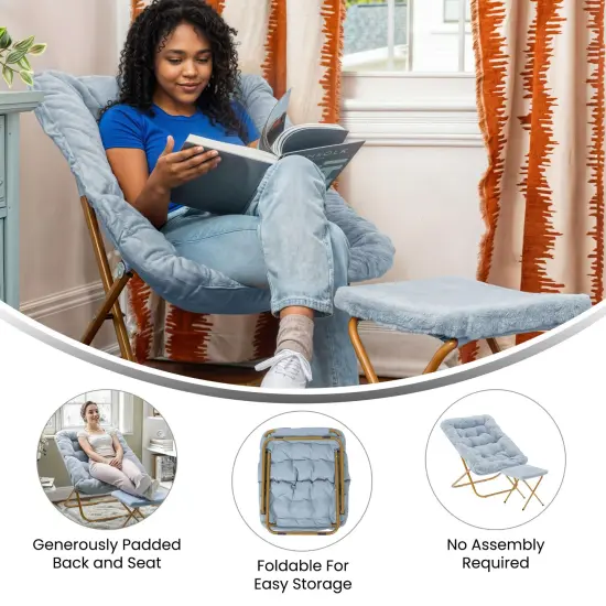 Emma and Oliver Aisling Oversized Folding Saucer Chair and Ottoman for Dorm, Bedroom AquaFabric/SoftGold {3}