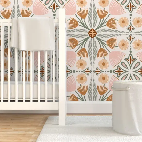 Pre-Pasted Wallpaper 2FT Wide Tiles Pinks Tuscan Blush Italian Villa Floral Quatrefoil Large Scale Custom Pre-pasted Wallpaper by Spoonflower {7}