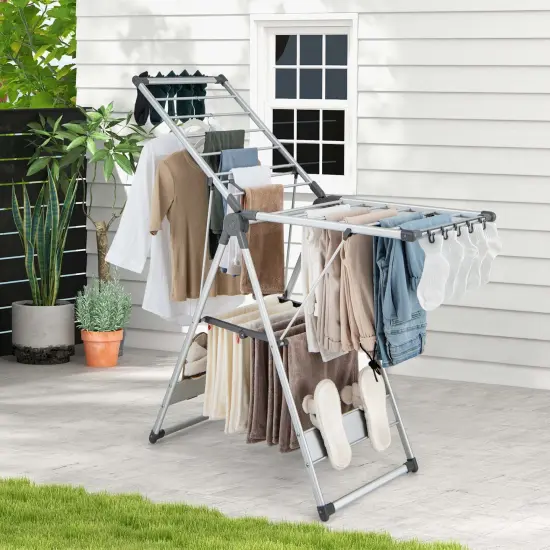 Costway 2-Layer Space-saving Aluminum Drying Rack Collapsible Clothes Drying Rack {4}